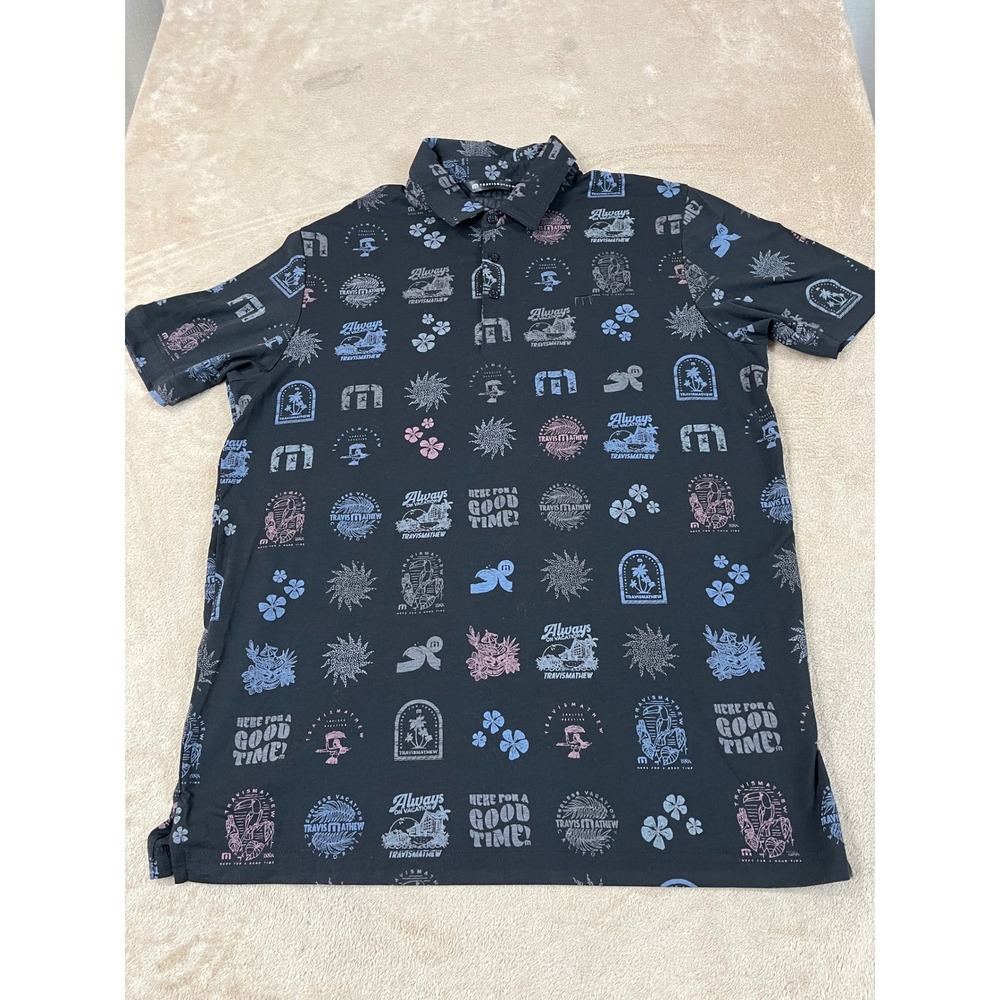 Travis Mathew Tourist Season Polo Shirts Mens L Black Polyester Short Sleeve EUC